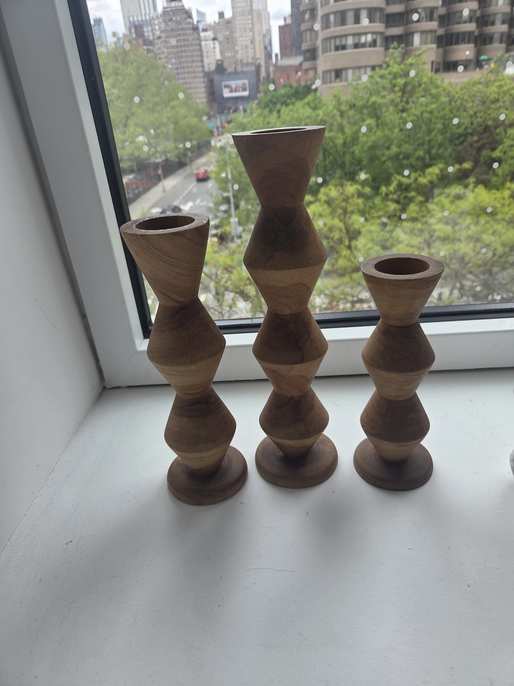 Wooden Geometric Taper Candle Holders - Natural Brown (Set of 3)